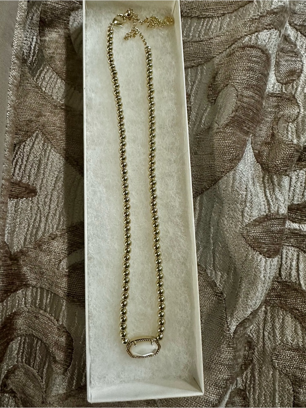 Kendra Scott Gold Beaded Necklace with White Stone Oval Pendant